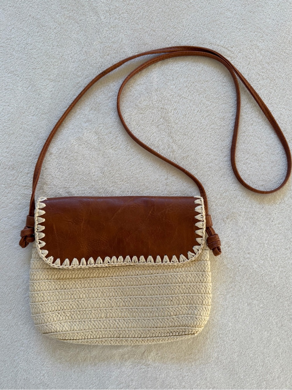 Brown Leather & Cream Woven Crossbody Bag